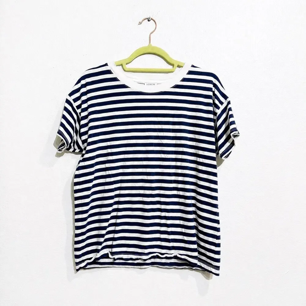 J.Crew Navy White Striped Cotton Crewneck Tee Sz S
